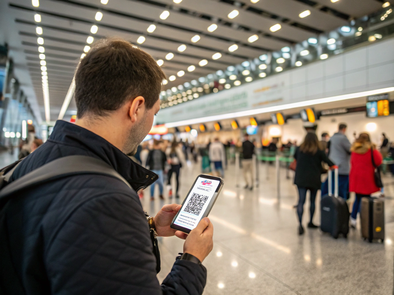 Traveler scanning eSIM QR activation code at the departure gate