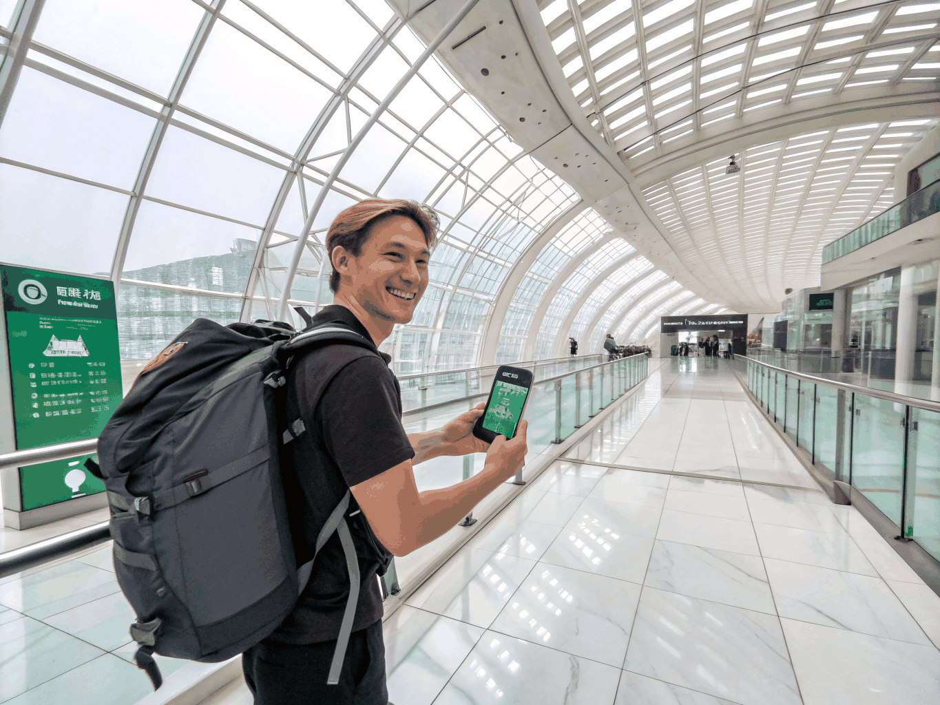 Traveler using smartphone with seamless connectivity at a bustling Tokyo station